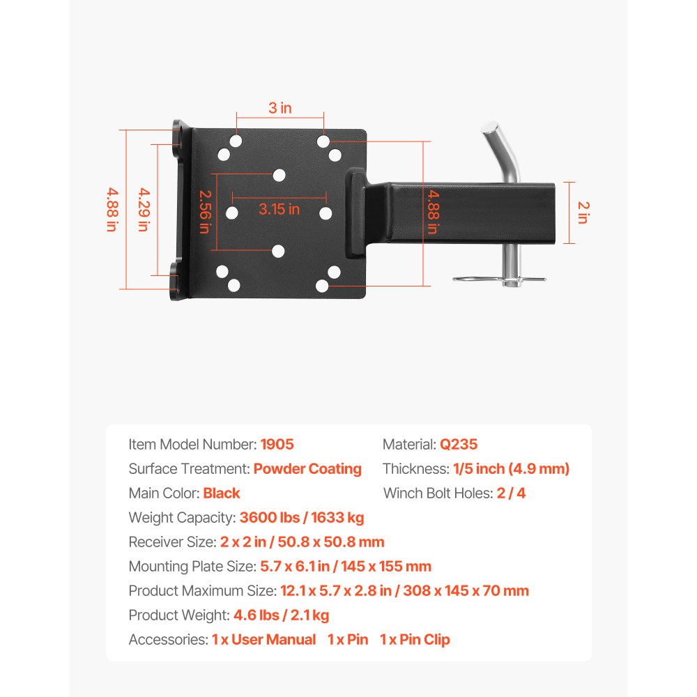 VEVOR Soporte de Cabrestante, Soporte de Enganche de Remolque con Receptor de 50,8 mm, Orificios para Pernos de 2/4, Capacidad de 1633 kg para Vehículos Todoterreno, UTV y Camionetas, Negro