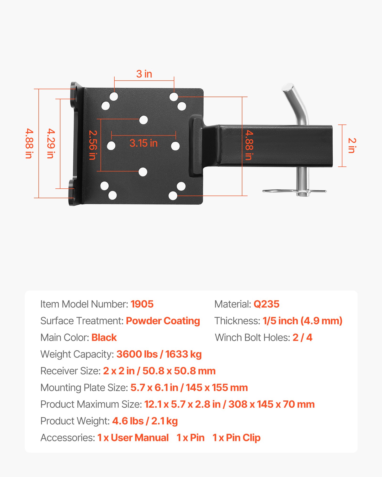 VEVOR Soporte de Cabrestante, Soporte de Enganche de Remolque con Receptor de 50,8 mm, Orificios para Pernos de 2/4, Capacidad de 1633 kg para Vehículos Todoterreno, UTV y Camionetas, Negro