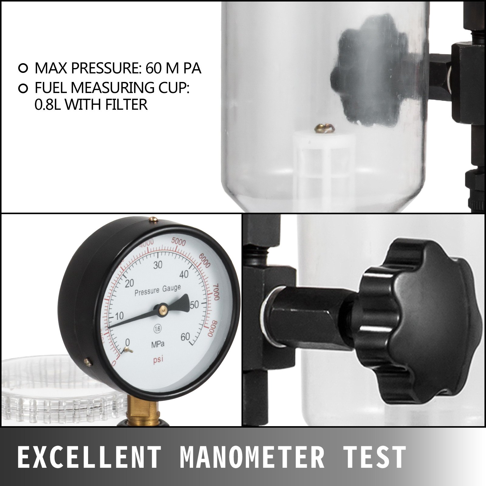 VEVOR Probador de Inyector de Combustible Diésel de 0-600 bar / 0-8.000 psi, Probador de Boquilla de Inyector Diésel con Indicador de Escala Dual para Ajustar La Presión de La Boquilla del Inyector