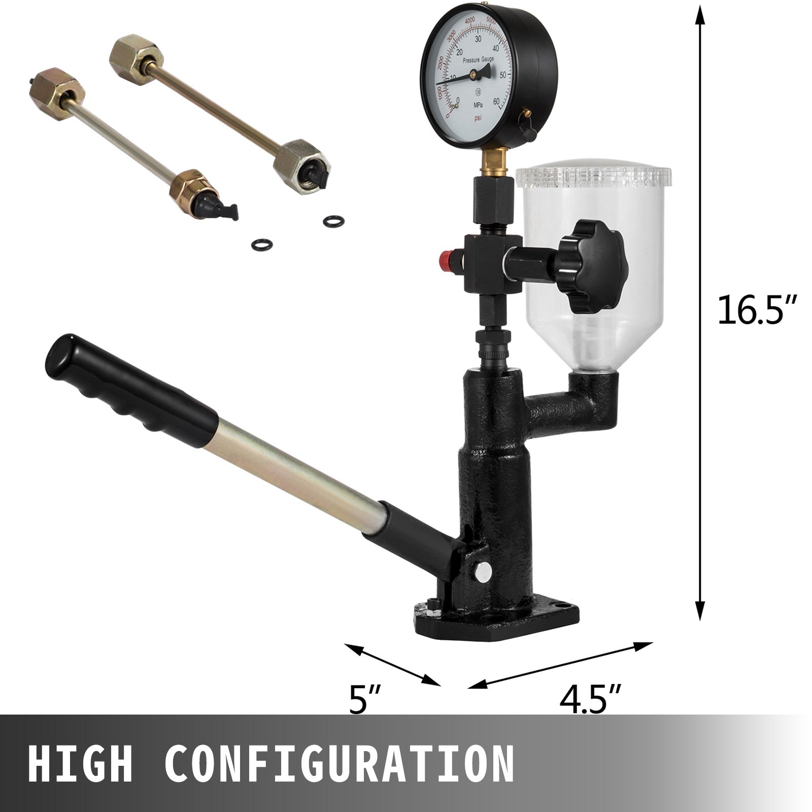 VEVOR Probador de Inyector de Combustible Diésel de 0-600 bar / 0-8.000 psi, Probador de Boquilla de Inyector Diésel con Indicador de Escala Dual para Ajustar La Presión de La Boquilla del Inyector