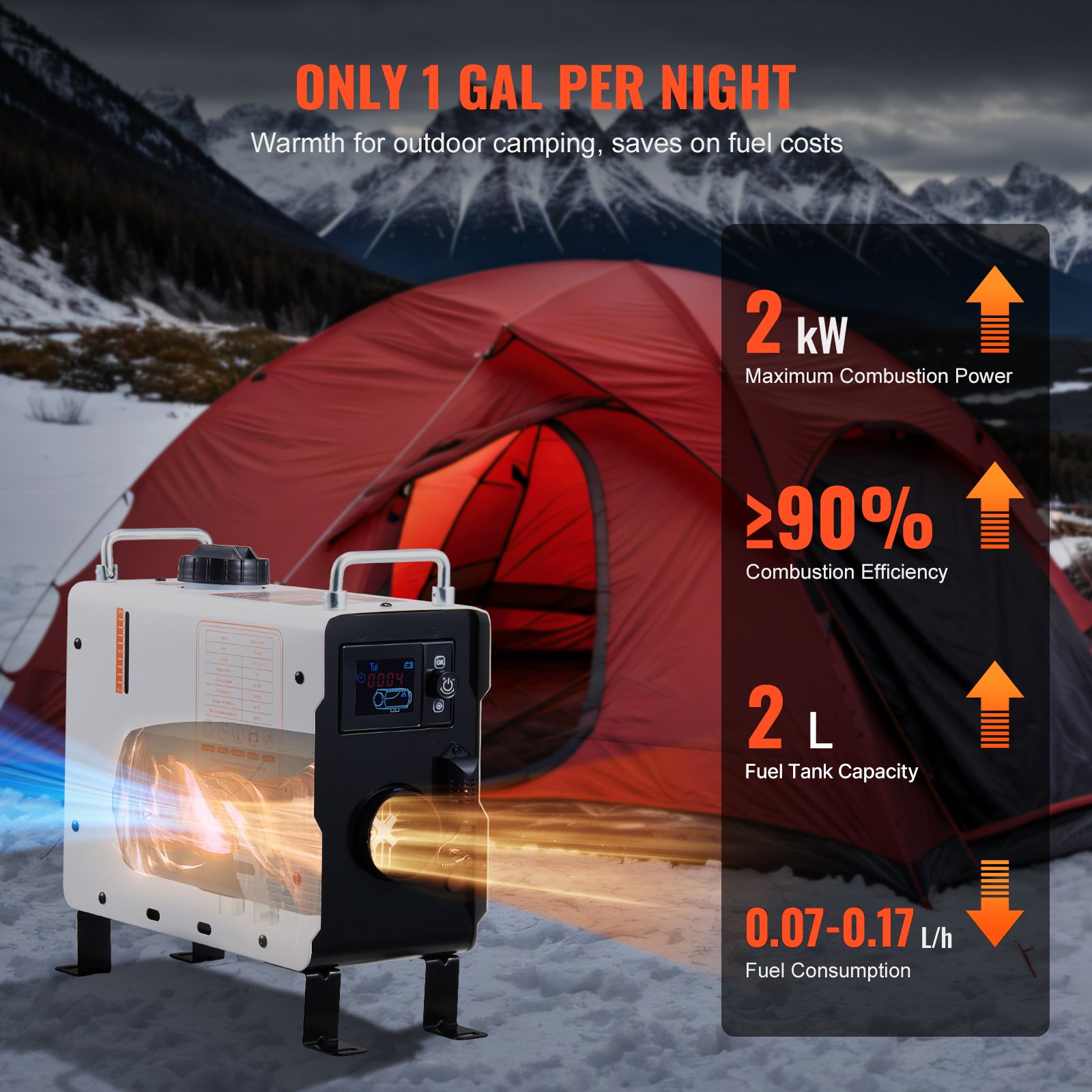 VEVOR Calentador Diésel Portátil 2 kW Todo en Uno de 12 V/24 V, con Control por Aplicación Bluetooth, Control Remoto y Pantalla de Visualización, Alarma de CO, Calentamiento Rápido para Vehículos