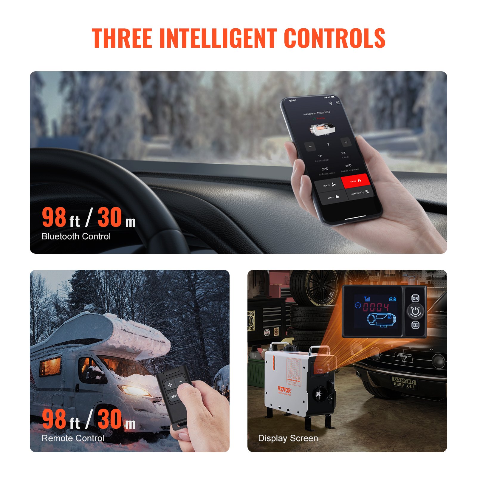 VEVOR Calentador Diésel Portátil 2 kW Todo en Uno de 12 V/24 V, con Control por Aplicación Bluetooth, Control Remoto y Pantalla de Visualización, Alarma de CO, Calentamiento Rápido para Vehículos