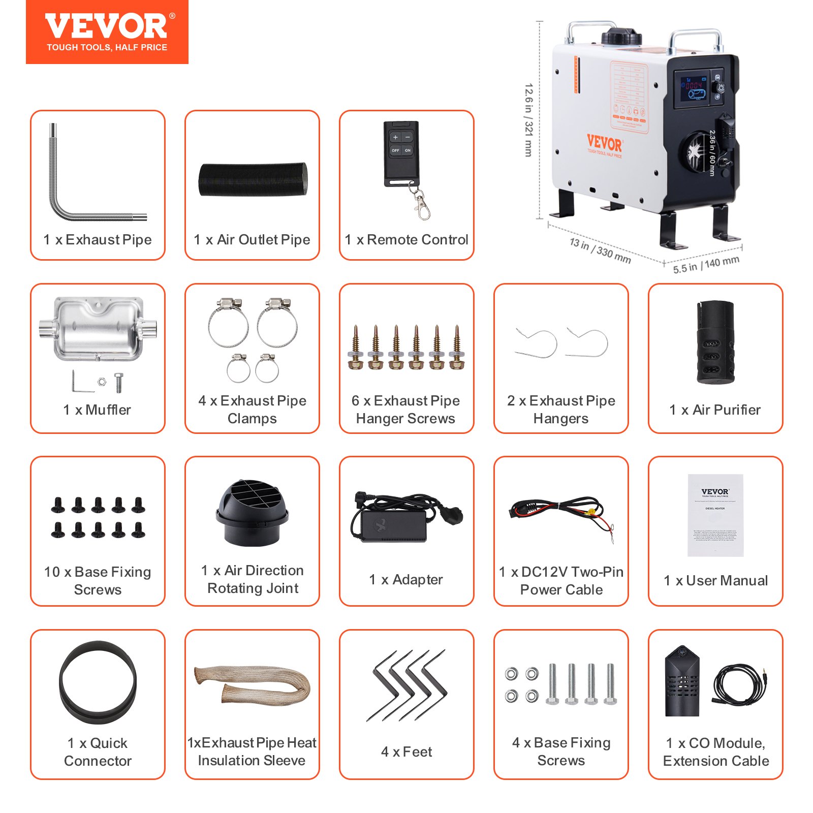 VEVOR Calentador Diésel Portátil 2 kW Todo en Uno de 12 V/24 V, con Control por Aplicación Bluetooth, Control Remoto y Pantalla de Visualización, Alarma de CO, Calentamiento Rápido para Vehículos