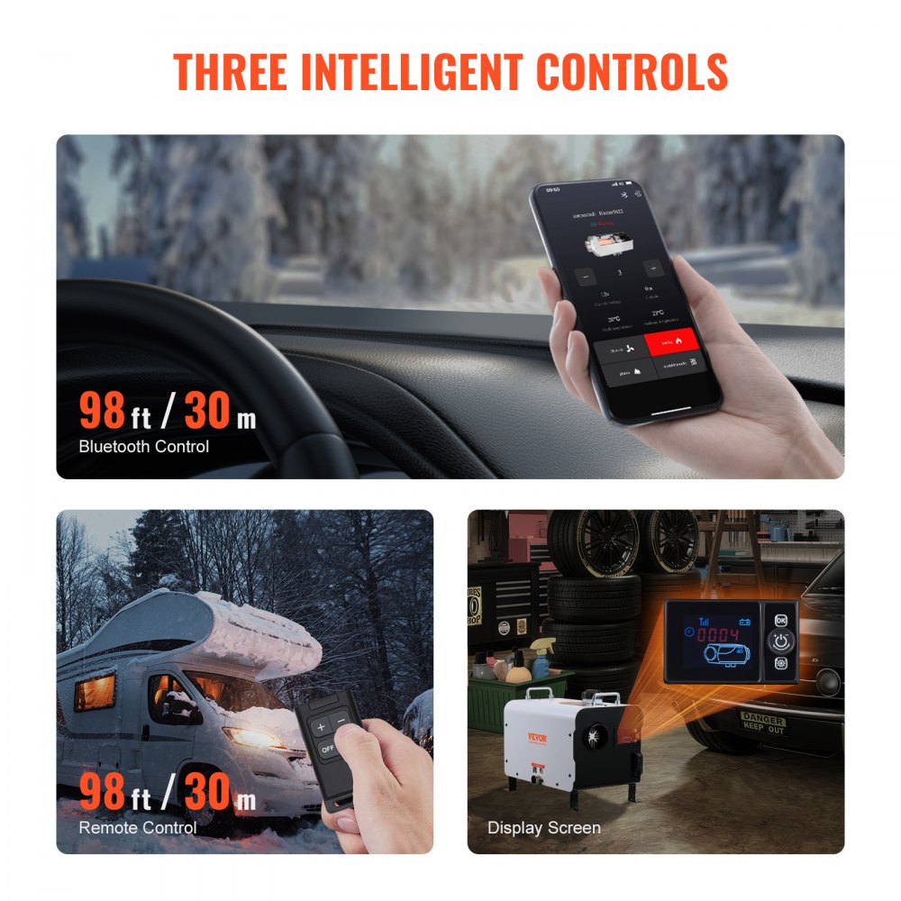 VEVOR Calentador Diésel Portátil 5-8KW Todo en Uno 12 V/24 V, con Control por Aplicación Bluetooth, Control Remoto y Pantalla de Visualización, Alarma de CO, Calentamiento Rápido Vehículos y Exteriores
