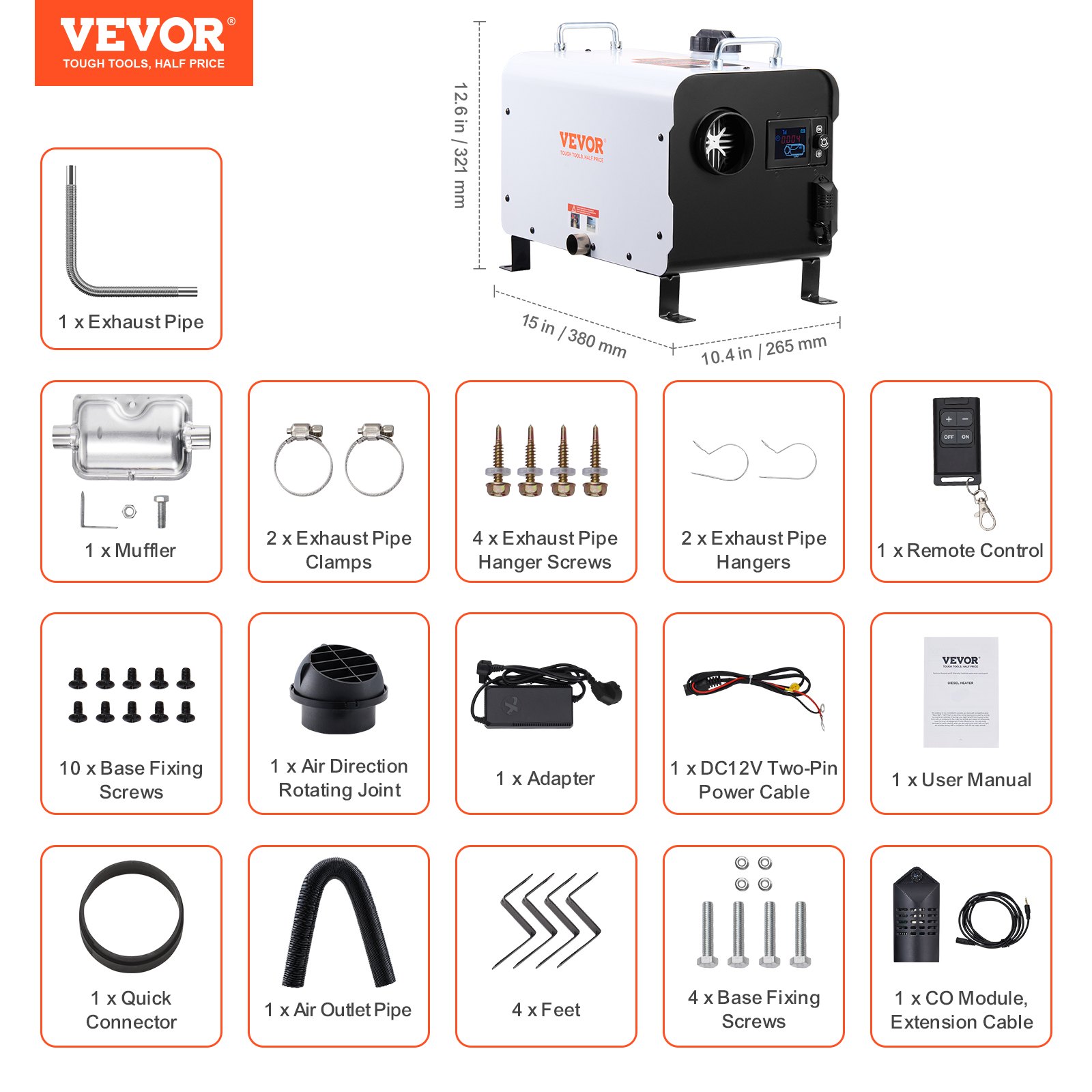 VEVOR Calentador Diésel Portátil 5-8KW Todo en Uno 12 V/24 V, con Control por Aplicación Bluetooth, Control Remoto y Pantalla de Visualización, Alarma de CO, Calentamiento Rápido Vehículos y Exteriores