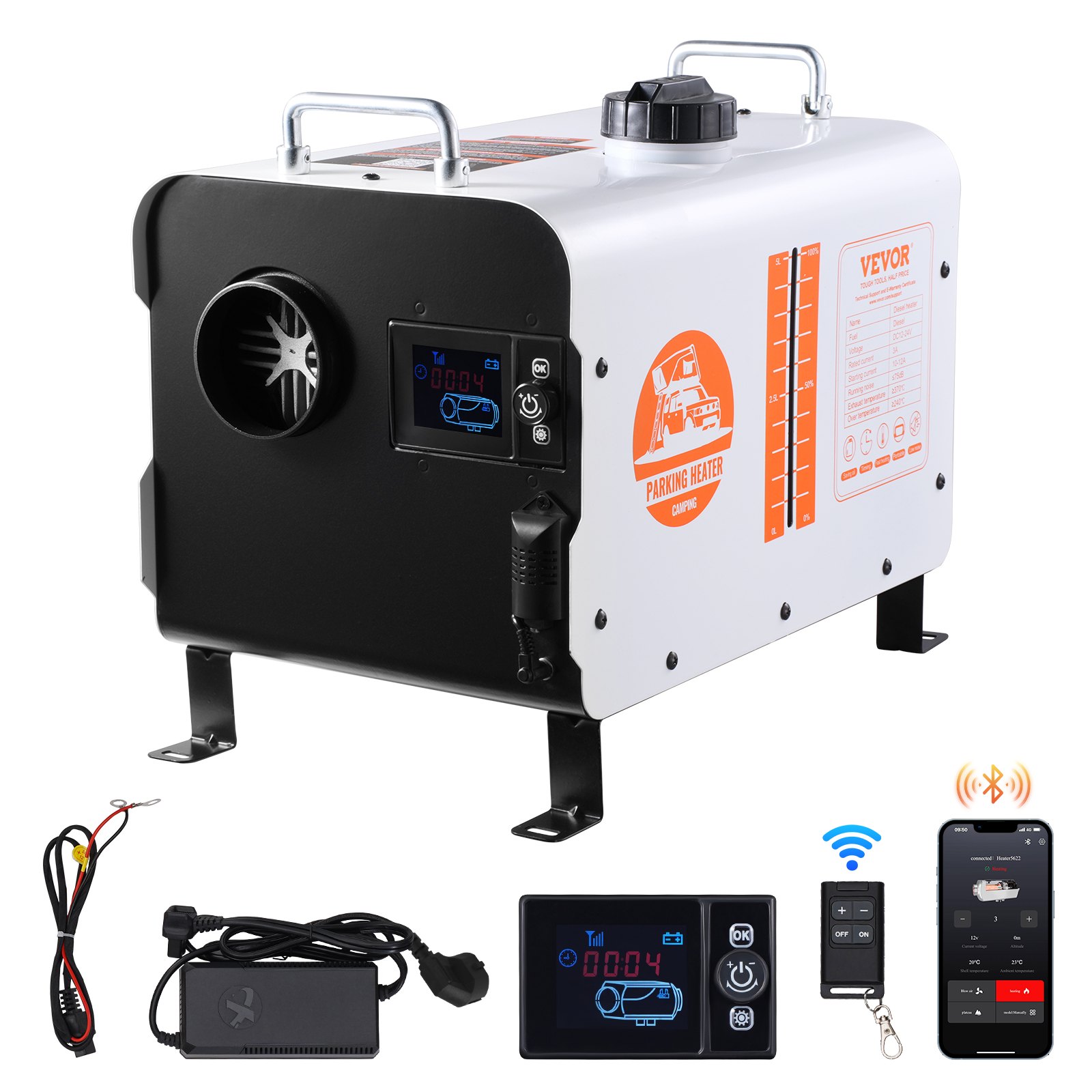 VEVOR Calentador Diésel Portátil 5-8KW Todo en Uno 12 V/24 V, con Control por Aplicación Bluetooth, Control Remoto y Pantalla de Visualización, Alarma de CO, Calentamiento Rápido Vehículos y Exteriores