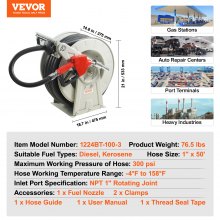 VEVOR Carrete de Manguera de Combustible 25,4mm x 15,24m Carrete de Manguera Diésel Retráctil Extra Largo Boquilla de Combustible Automática de Caucho NBR 300 PSI para Barco, Vehículo, Camión Cisterna