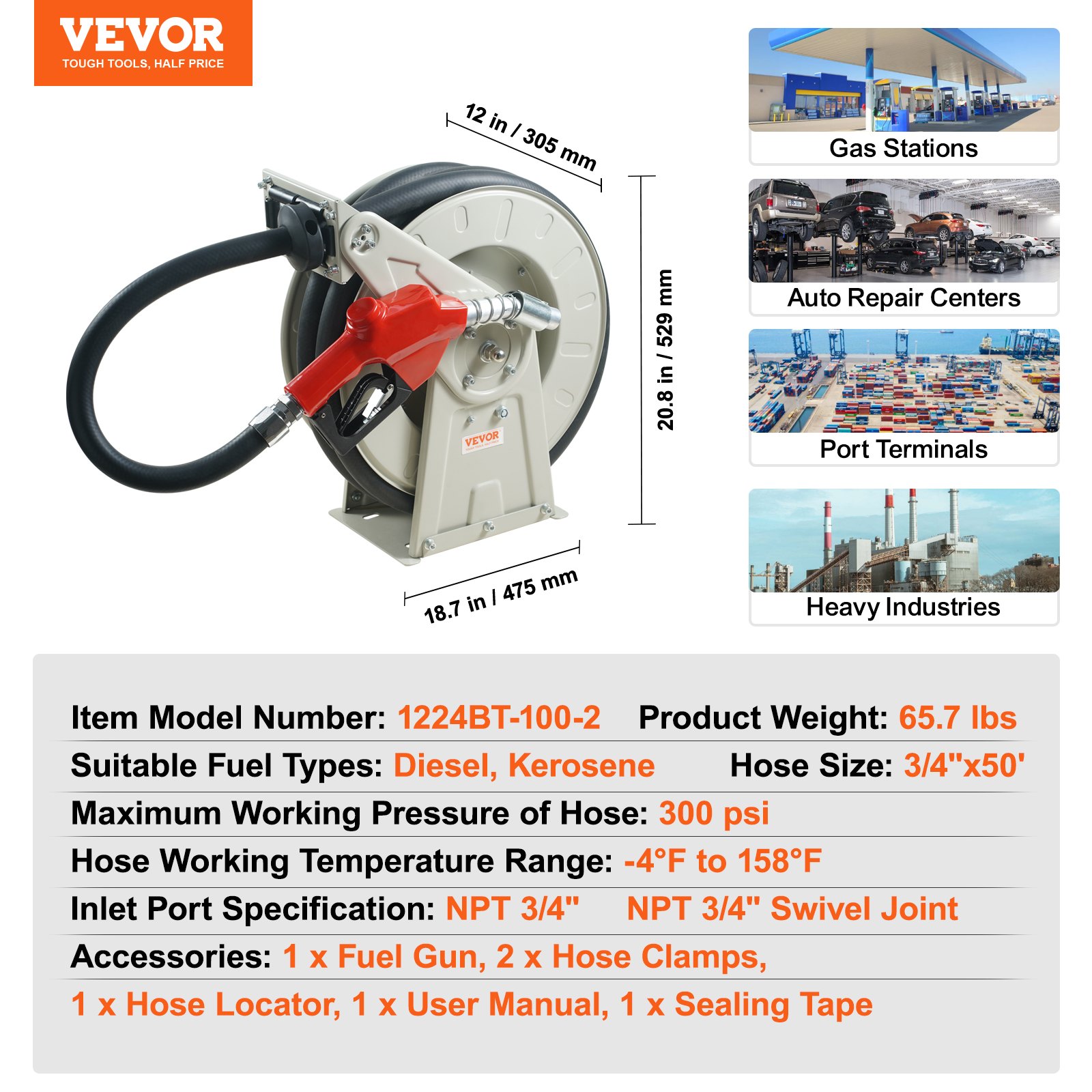 VEVOR Hose Reel 19.05 mm x 15.24 m Automatic Hose Reel Air Hose Reel Max. Working Pressure 300 PSI Compressed Air Hose Reel Diesel Kerosene for Car Dealerships Workshop Home Studio Garage