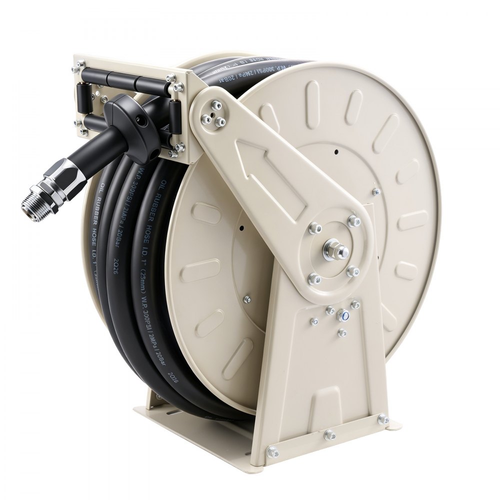 VEVOR Carrete de Manguera de Combustible de 25,4 x 15000 mm 300 PSI, con Resorte de Trinquete, Giro Automático, Base de Acero, Enrollador de Manguera Retráctil para Taller Diésel Estación de Servicio