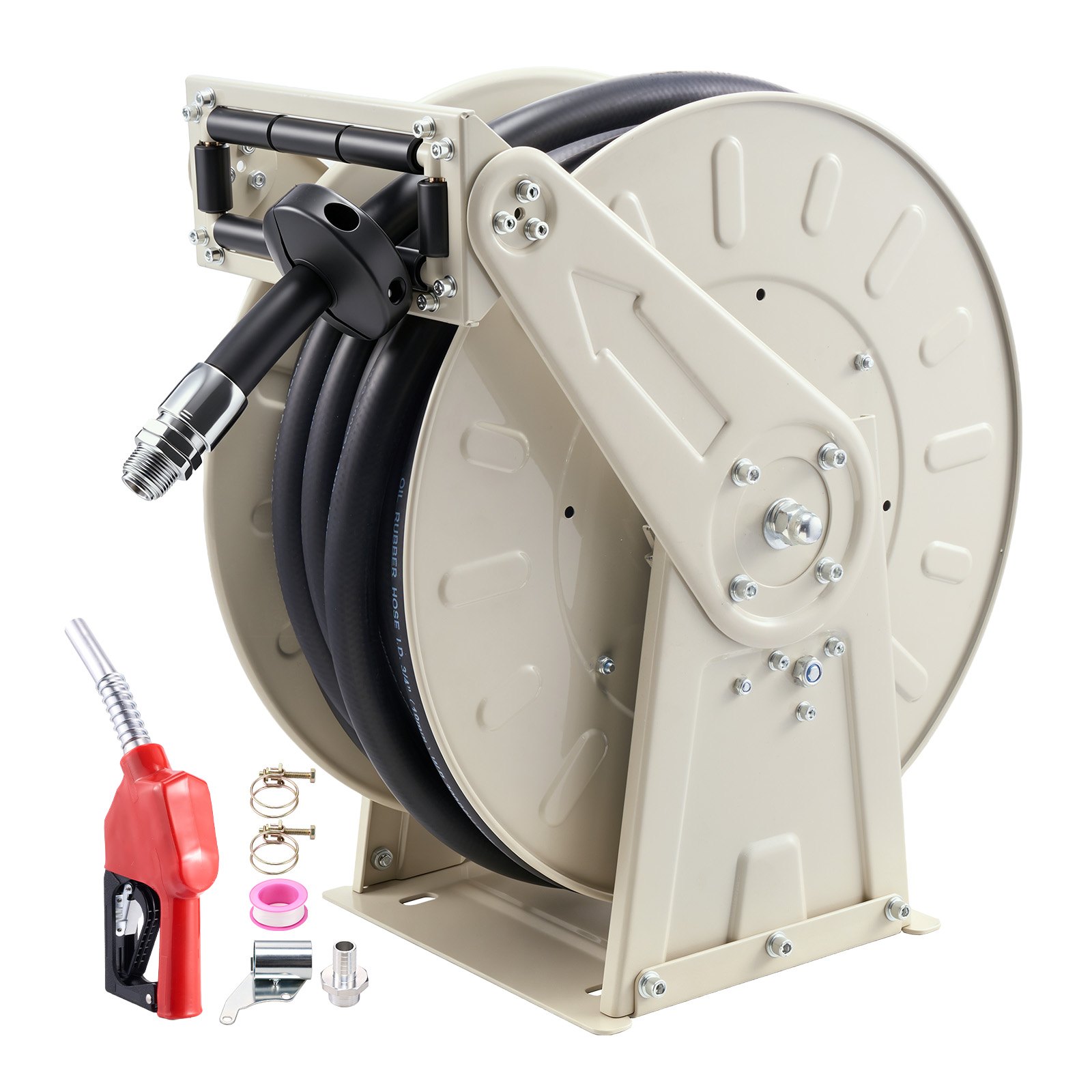 VEVOR Carrete de Manguera de Combustible de 19,05 x 19800 mm 300 PSI, con Giro Automático, Resorte de Trinquete, Base de Acero, Enrollador de Manguera Retráctil para Taller Estación de Servicio Diésel