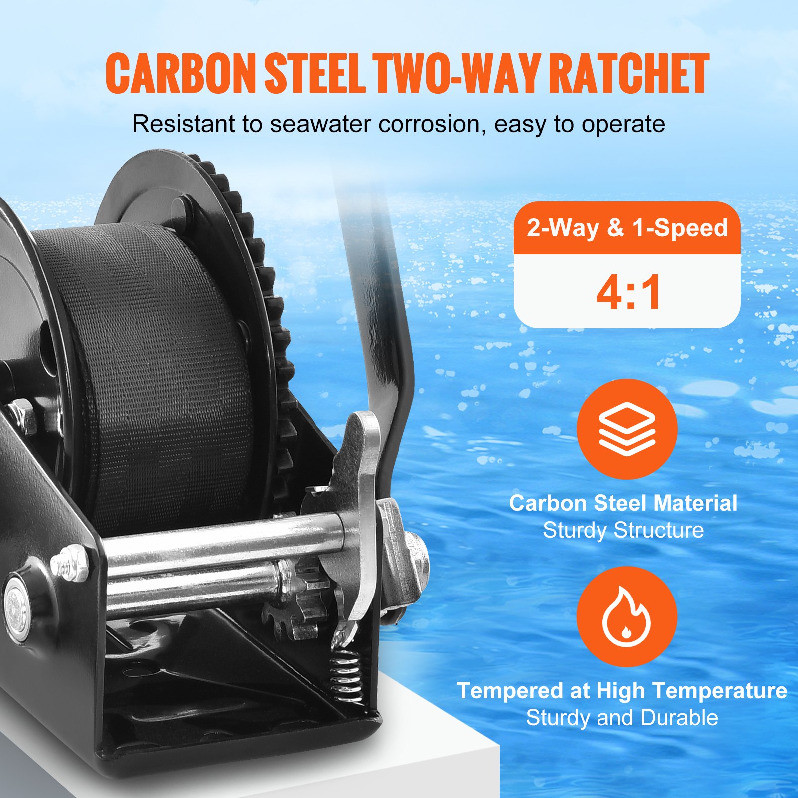 VEVOR Cabrestante Manual Capacidad de Tracción 544,3 kg Cabrestante para Remolque de Barco Manivela Resistente con Correa de Poliéster de 7 m con Trinquete Bidireccional para Remolque, Barco, ATV