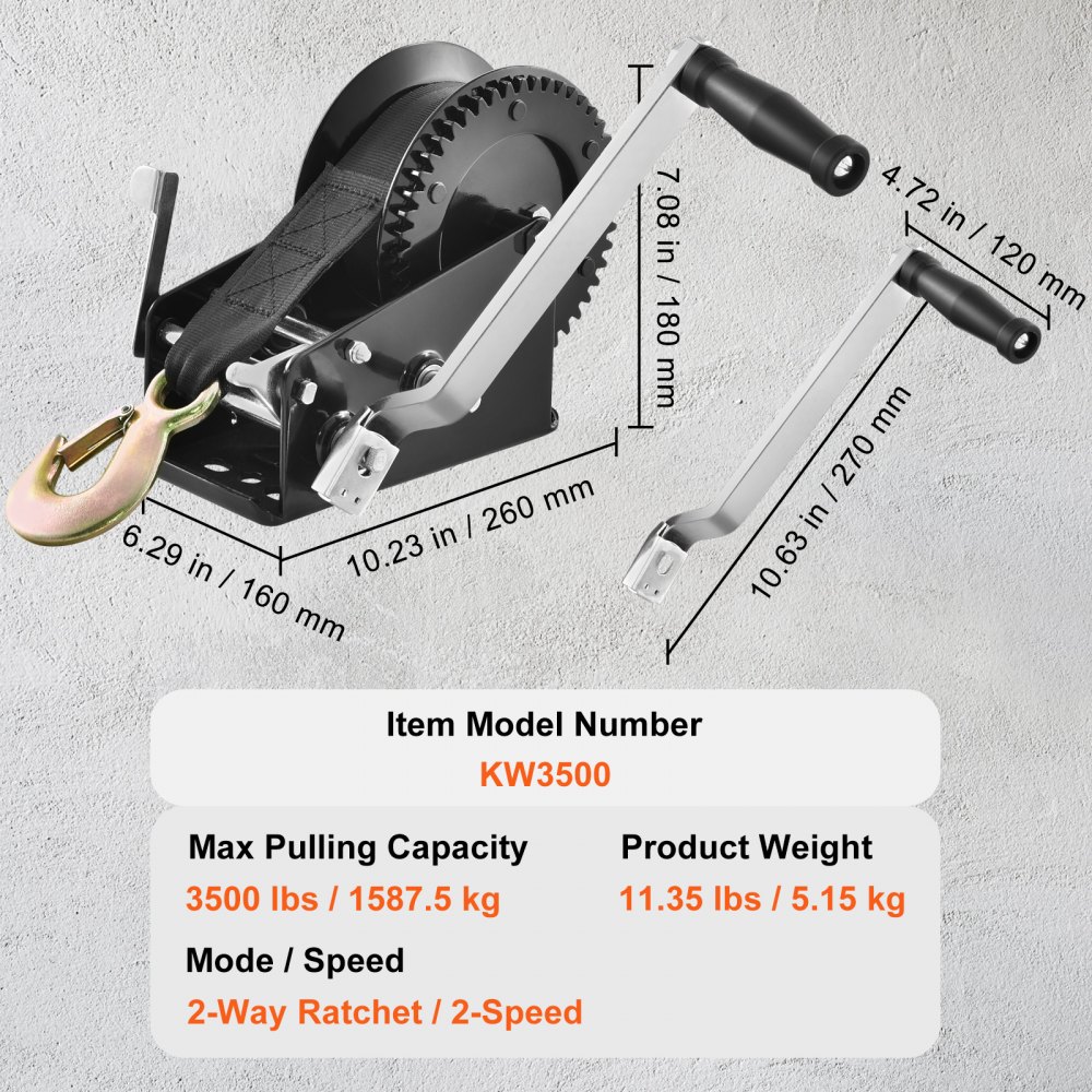VEVOR Cabrestante Manual Capacidad de Tracción 1587,5 kg Cabrestante para Remolque de Barco Manivela Resistente con Correa de Poliéster de 10 m con Trinquete Bidireccional para Remolque, Barco, ATV