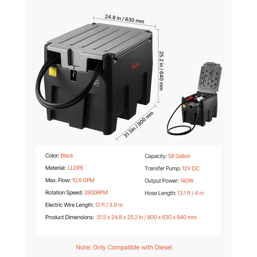VEVOR Tanque de Diésel Portátil, Tanque de Combustible de Capacidad de 220 L con Bomba de Transferencia Eléctrica y Manguera de Goma de 3,9 m, Contendor de Transferencia de Diésel de PE, Negro