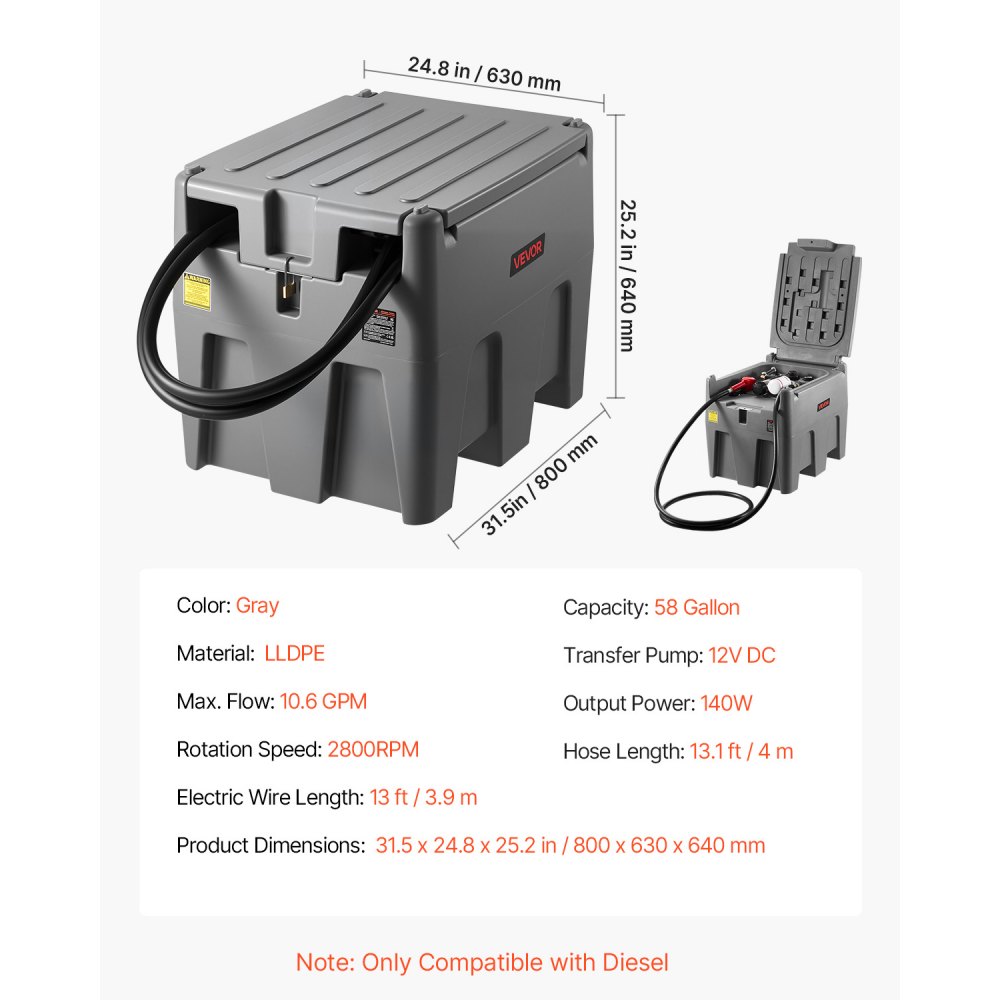 VEVOR Tanque de Diésel Portátil, Tanque de Combustible de Capacidad de 220 L con Bomba de Transferencia Eléctrica y Manguera de Goma de 3,9 m, Contendor de Transferencia de Diésel de PE, Gris