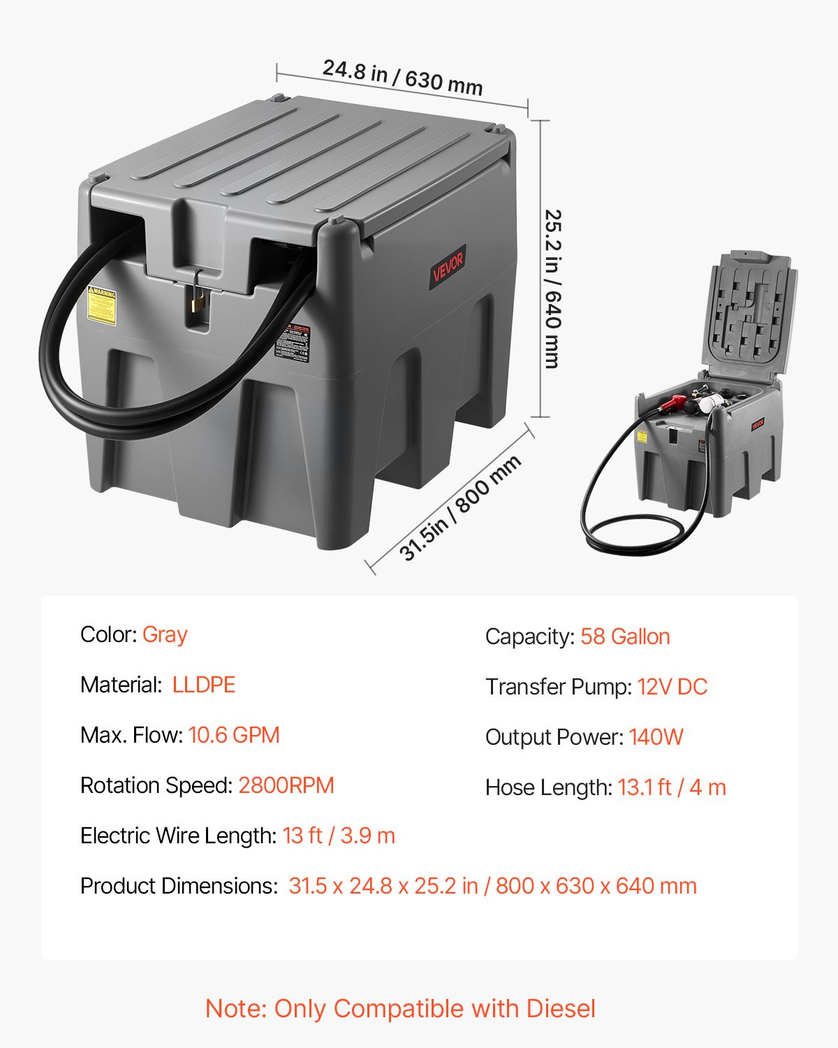 VEVOR Tanque de Diésel Portátil, Tanque de Combustible de Capacidad de 220 L con Bomba de Transferencia Eléctrica y Manguera de Goma de 3,9 m, Contendor de Transferencia de Diésel de PE, Gris
