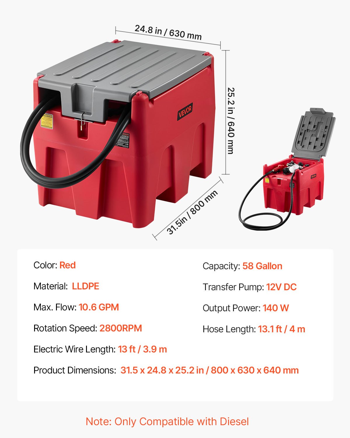 VEVOR Tanque de Diésel Portátil, Tanque de Combustible de Capacidad de 220 L con Bomba de Transferencia Eléctrica y Manguera de Goma de 3,9 m, Contendor de Transferencia de Diésel de PE, Rojo