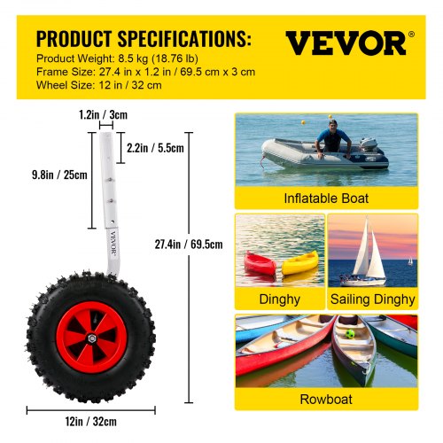 VEVOR Ruedas de Lanzamiento para Lancha de Barco 12 " / 30,5 cm Ruedas de Botadura de Barco 500 lbs / 227 kg Rueda Dolly de Bote Inflable Aleación de Aluminio para Barco Inflable, Kayak, Bote de Vela