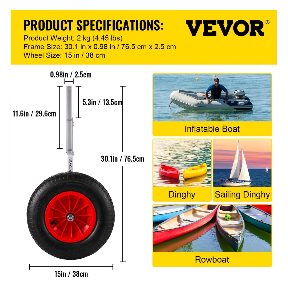 VEVOR Ruedas de Lanzamiento para Lancha de Barco 15 " / 38,1 cm Ruedas de Botadura de Barco 300 lbs / 136 kg Rueda Dolly de Bote Inflable Aleación de Aluminio para Barco Inflable, Kayak, Bote de Vela