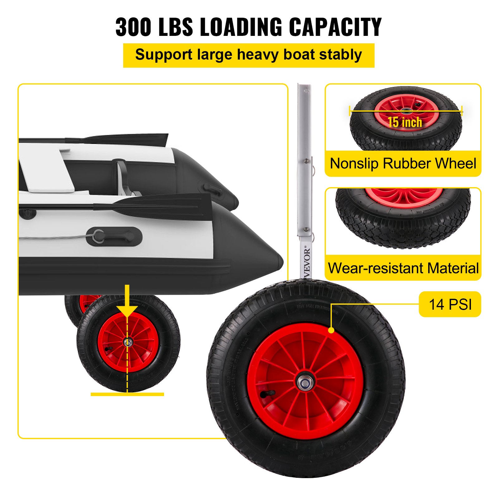 VEVOR Ruedas de Lanzamiento para Lancha de Barco 15 " / 38,1 cm Ruedas de Botadura de Barco 300 lbs / 136 kg Rueda Dolly de Bote Inflable Aleación de Aluminio para Barco Inflable, Kayak, Bote de Vela