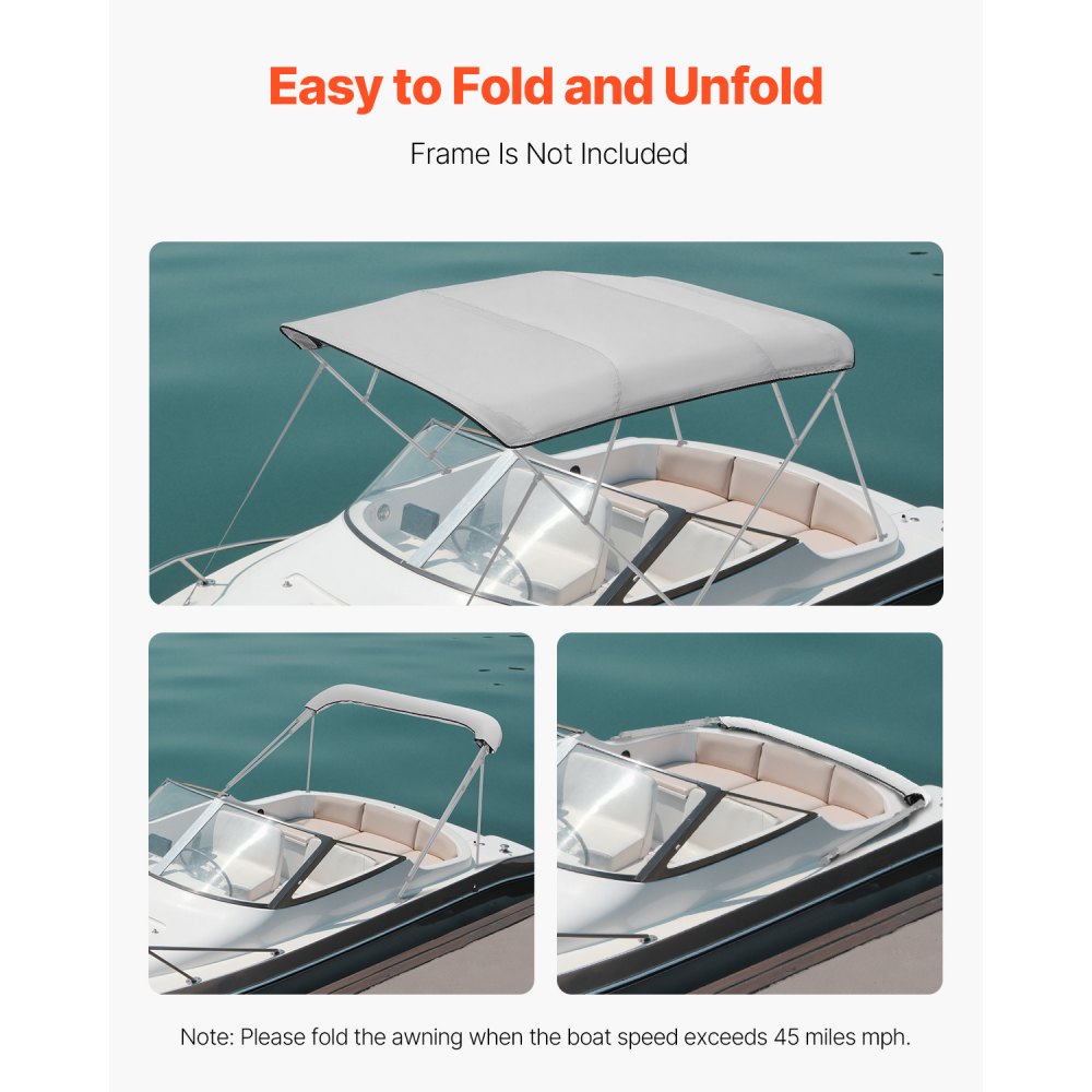 VEVOR Funda de Repuesto para Toldo Bimini 4 Arcos, Largo de 244 cm, de Grado Marino 600D, Alta Resistencia, Toldo de Repuesto para Barco, para Embarcaciones de Ancho de 246-262 cm, Gris, Sin Marco