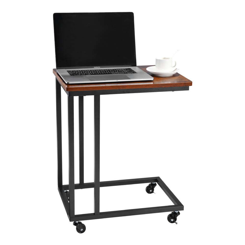 VEVOR Mesa Auxiliar en Forma de C, Mesa de Centro en Forma de C 500 x 350 x 605 mm con Estructura de Metal y Ruedas, Mueble para Portátil para Sala de Estar, Dormitorio, Oficina, Marrón y Negro