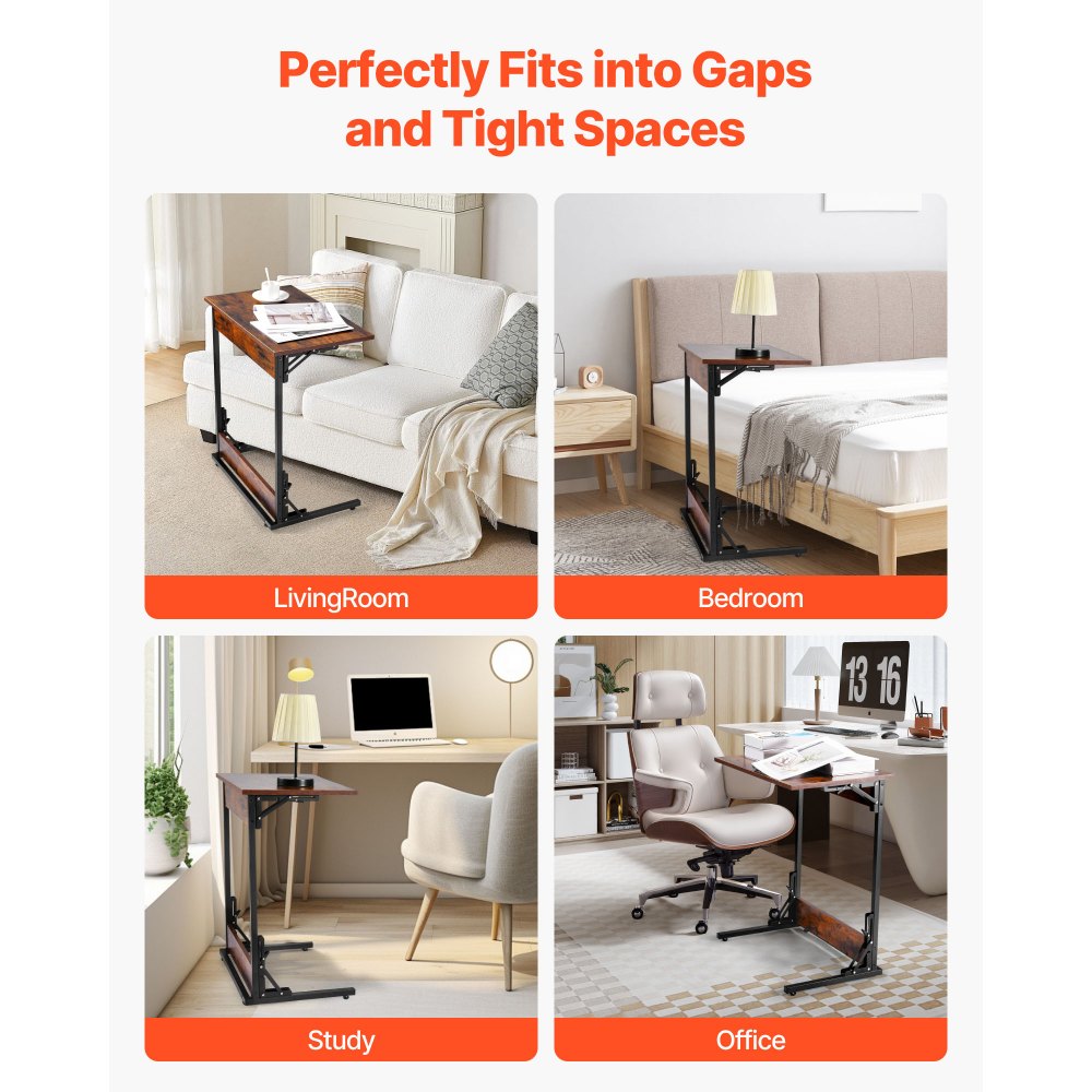 VEVOR Mesa Auxiliar Plegable en Forma de C, Mesa de Centro Plegable 60 x 37 x 70 cm con Estructura de Metal y Patas Ajustables, Mueble para TV para Sala de Estar, Dormitorio, Oficina, Marrón y Negro