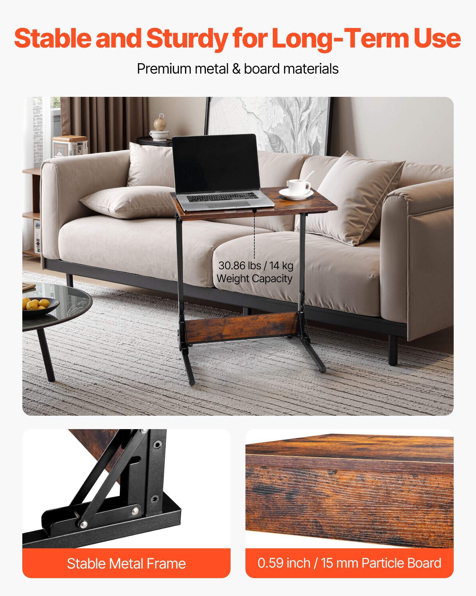 VEVOR Mesa Auxiliar Plegable en Forma de C, Mesa de Centro Plegable 60 x 37 x 70 cm con Estructura de Metal y Patas Ajustables, Mueble para TV para Sala de Estar, Dormitorio, Oficina, Marrón y Negro