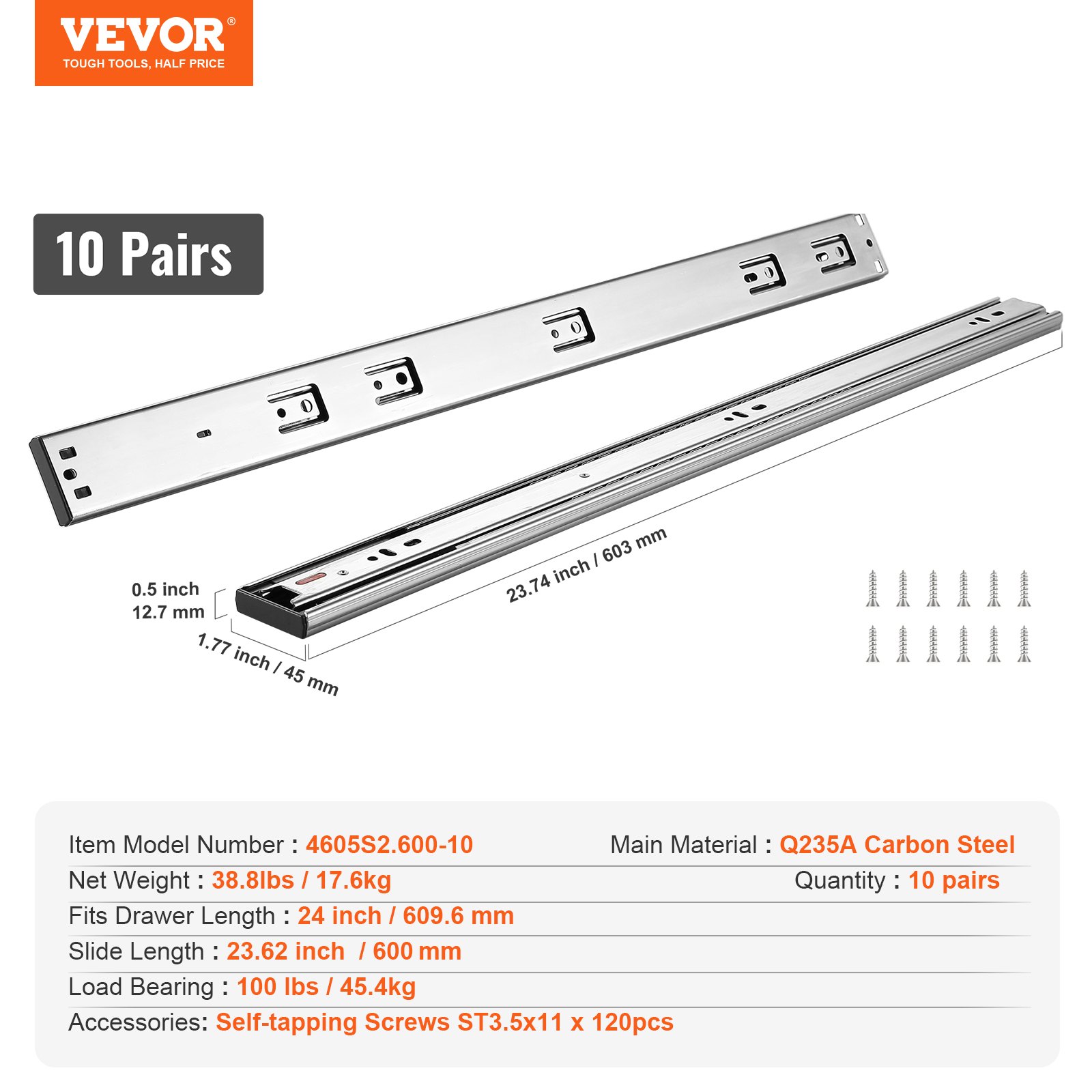 VEVOR Guías para Cajones 10 Pares Guías para Cajones de Bolas 609,6 mm Cierre Suave y Silencioso 45,4 kg Riel Guía de Acero de Montaje Lateral Extensión Completa para Estante de Gabinete de Cocina