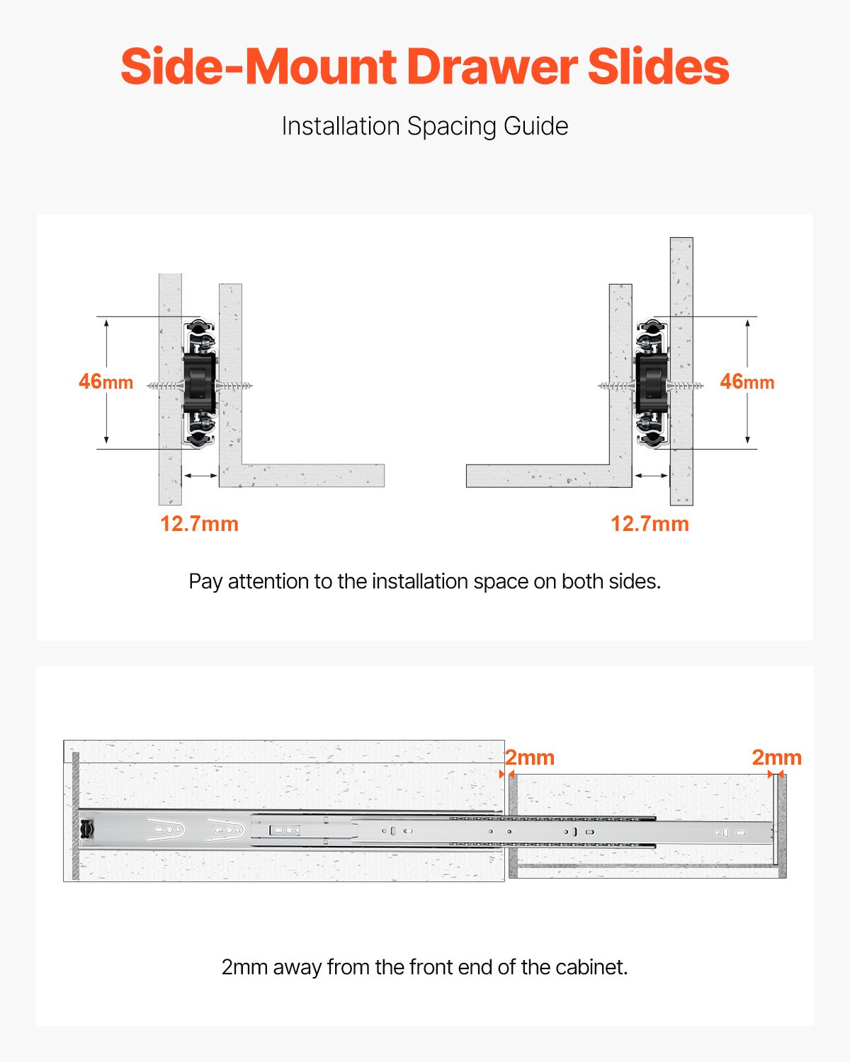 VEVOR Correderas para Cajones de Tocador de Montaje Lateral, 10 Pares Rieles para Gabinete con Cojinetes de Bolas Extensión Completa, Carga 45kg, para Reemplazo de Cocina DIY, 600 x 46 x 12,7 mm