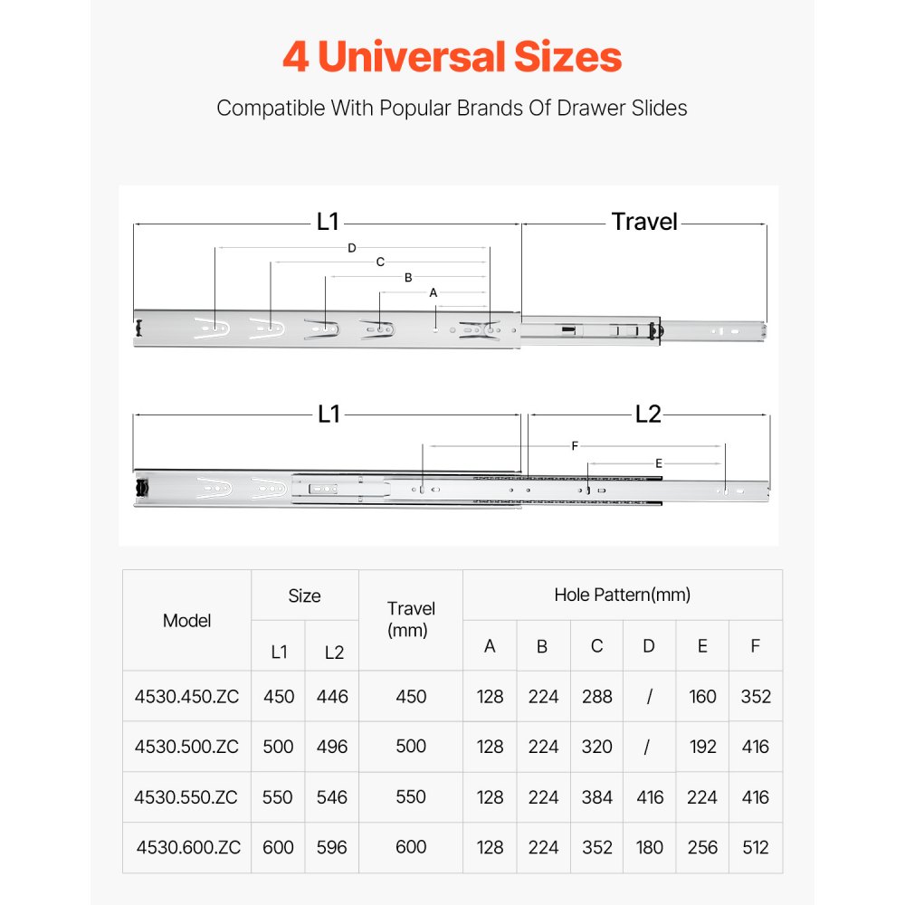 VEVOR Correderas para Cajones de Tocador de Montaje Lateral, 10 Pares Rieles para Gabinete con Cojinetes de Bolas Extensión Completa, Carga 45kg, para Reemplazo de Cocina DIY, 500 x 46 x 12,7 mm