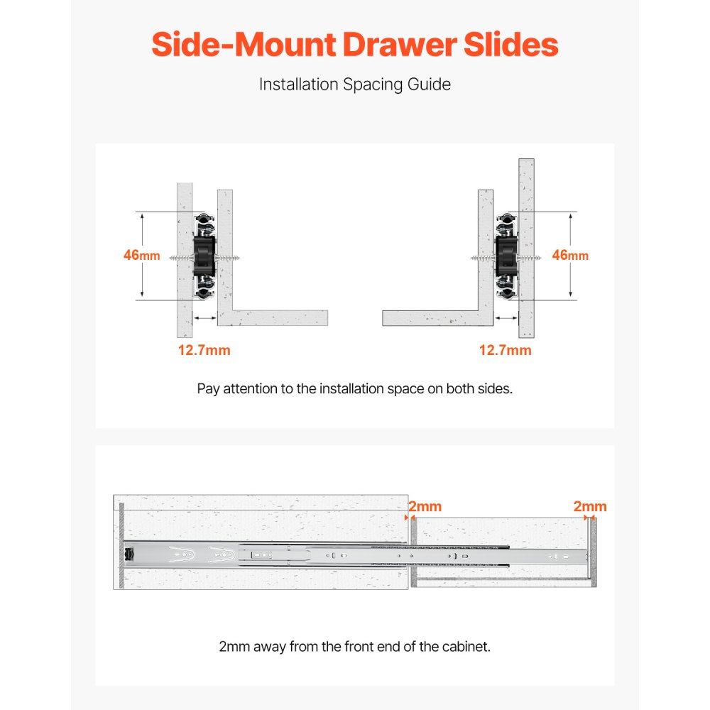 VEVOR Correderas para Cajones de Tocador de Montaje Lateral, 10 Pares Rieles para Gabinete con Cojinetes de Bolas Extensión Completa, Carga 45kg, para Reemplazo de Cocina DIY, 500 x 46 x 12,7 mm