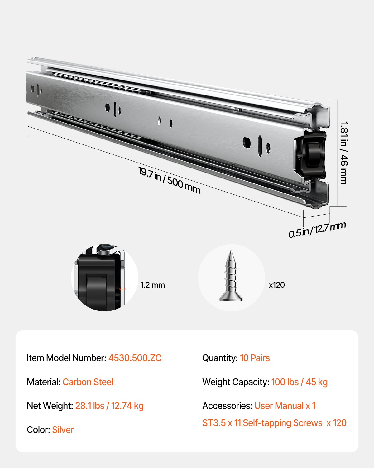 VEVOR Correderas para Cajones de Tocador de Montaje Lateral, 10 Pares Rieles para Gabinete con Cojinetes de Bolas Extensión Completa, Carga 45kg, para Reemplazo de Cocina DIY, 500 x 46 x 12,7 mm