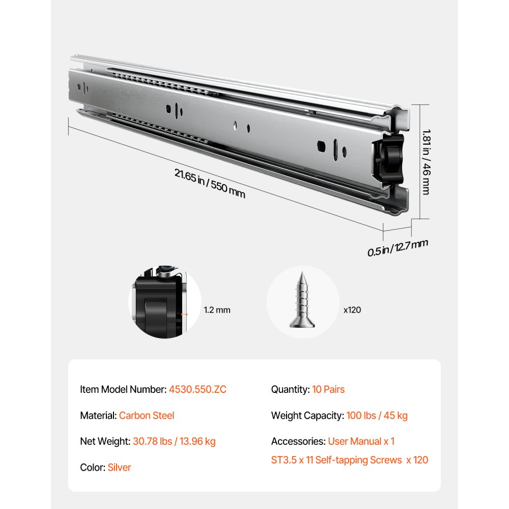 VEVOR Drawer Slides 55 cm 10 Pairs Extendable Drawer Rails with Ball Bearings, 45 kg Load Capacity, Robust Side-Mounted Dresser Drawer Slides, Drawer Rails for DIY Replacement