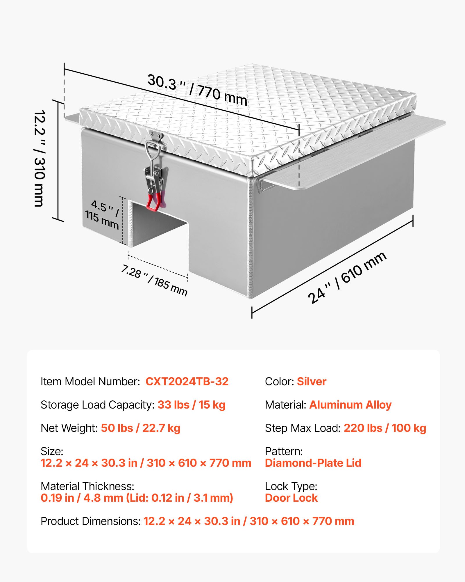 VEVOR Caja de Herramientas para Caja de Camioneta, de Aluminio, con Placa de Diamante, Soporta hasta 100 kg, Ideal para Camioneta, RV, Remolque, 770 x 610 x 310 mm, Carga Máxima 100 kg, Plata