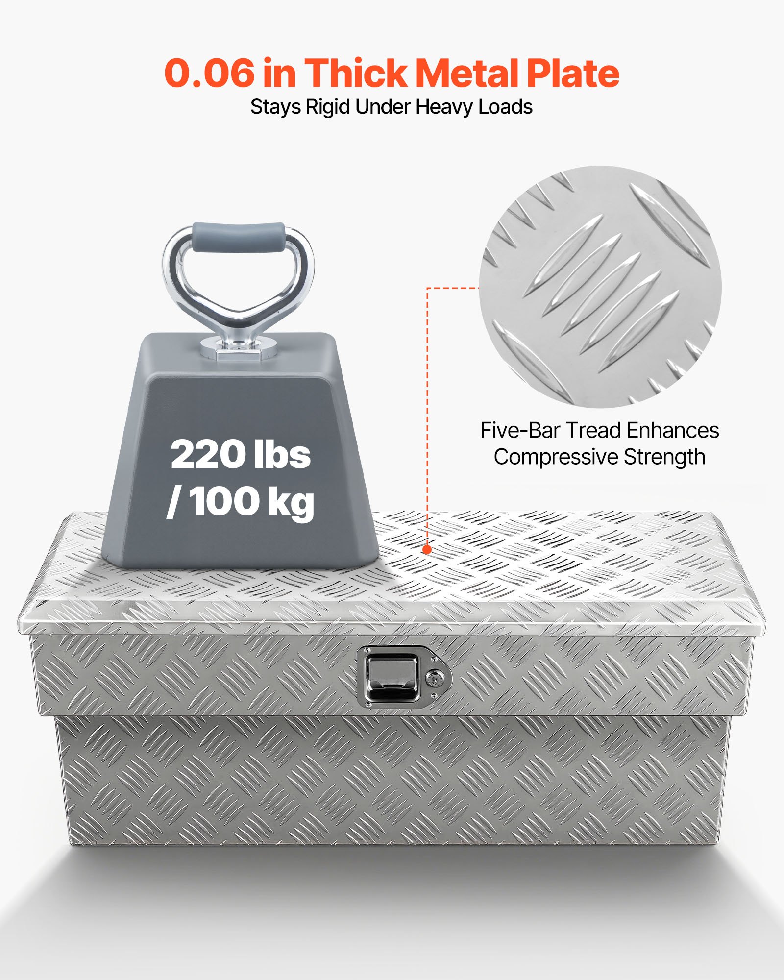 VEVOR Caja de Herramientas para Caja de Camioneta, de Aluminio, con Dibujo, Cerradura y Llave, Ideal para Camioneta, RV, Remolque, Patrón de Perfil de Cinco Barras, 864 x 305 x 390 mm, Plata