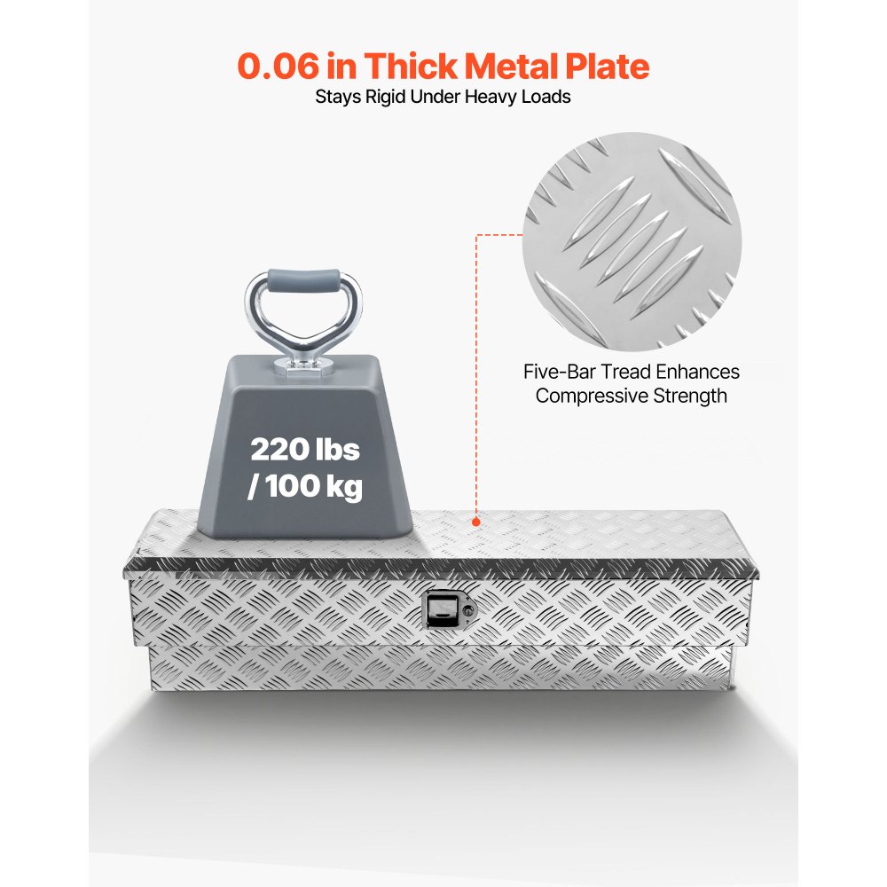 VEVOR Caja de Herramientas para Caja de Camioneta, de Aluminio, con Dibujo, Cerradura y Llave, Ideal para Camioneta, RV, Remolque, Carga Máxima del Escalón 100 kg, 1219 x 340 x 330 mm, Plata