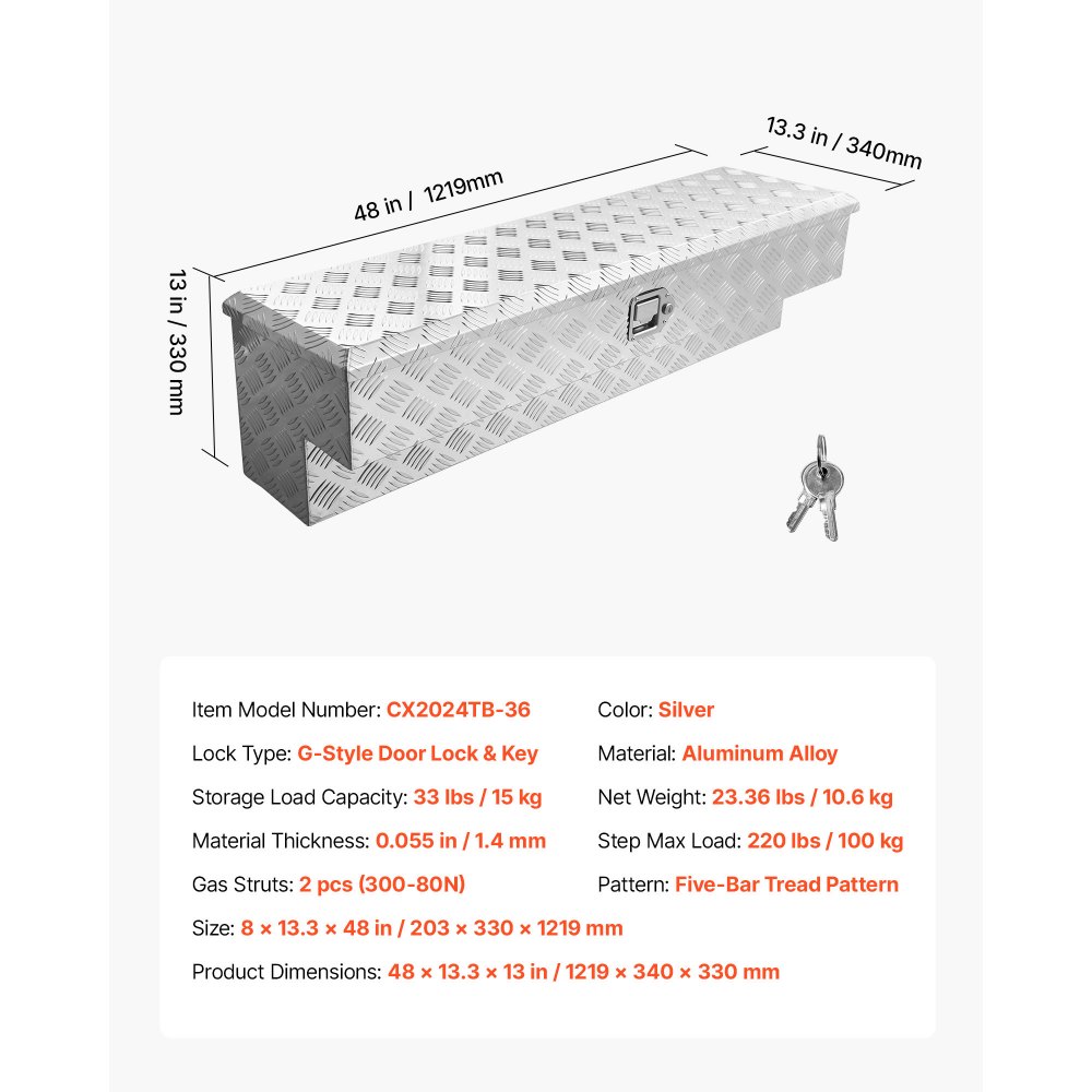 VEVOR Caja de Herramientas para Caja de Camioneta, de Aluminio, con Dibujo, Cerradura y Llave, Ideal para Camioneta, RV, Remolque, Carga Máxima del Escalón 100 kg, 1219 x 340 x 330 mm, Plata