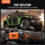 Compresor de aire VEVOR de 12 V para inflar neumáticos de jeep 4x4, destacando el inflado en 1 minuto, 6,0 cfm, 20-36 psi.