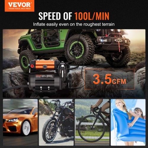 VEVOR Compresor Automático con Motor 12 V Inflador Portátil de Neumáticos de Coche 150 PSI 3,5 CFM Protección Térmica Bomba de Aire Cable de Alimentación Manguera de Aire de 3 m para Inflar Camión SUV