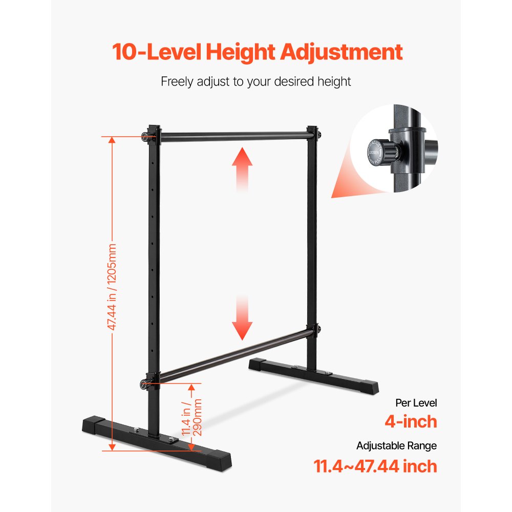 VEVOR Barra Doble de Ballet Independiente, 10 Niveles, Barra Elástica de Metal para Ejercicios de Entrenamiento de Equilibrio y Relajación, Portátil, 1315 x 678 x 1230 mm, Carga 159 kg, Negro