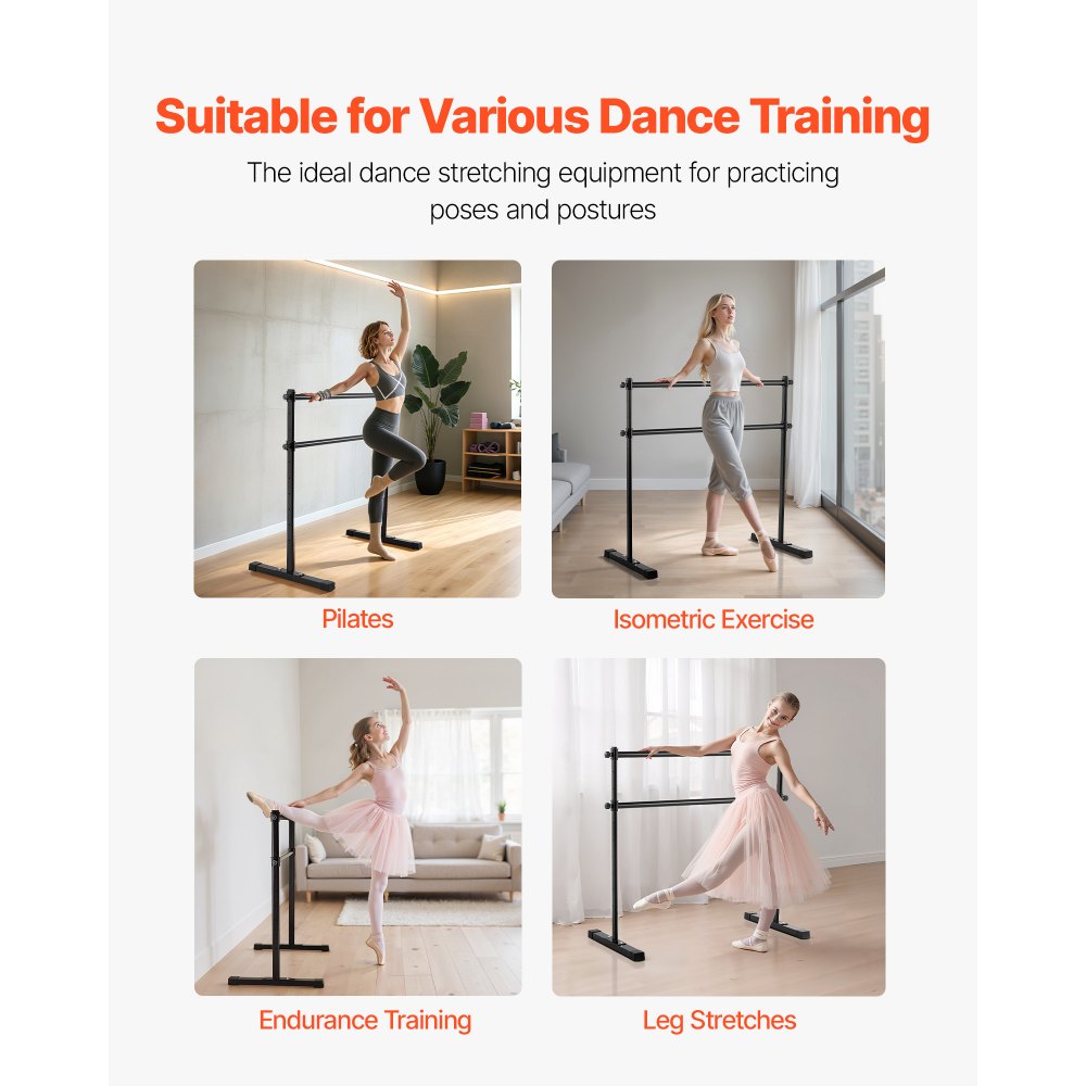 VEVOR Barra Doble de Ballet Independiente, 10 Niveles, Barra Elástica de Metal para Ejercicios de Entrenamiento de Equilibrio y Relajación, Portátil, 1315 x 678 x 1230 mm, Carga 159 kg, Negro