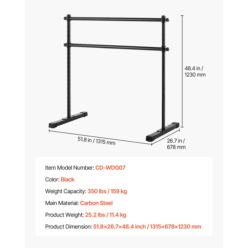VEVOR Barra Doble de Ballet Independiente, 10 Niveles, Barra Elástica de Metal para Ejercicios de Entrenamiento de Equilibrio y Relajación, Portátil, 1315 x 678 x 1230 mm, Carga 159 kg, Negro