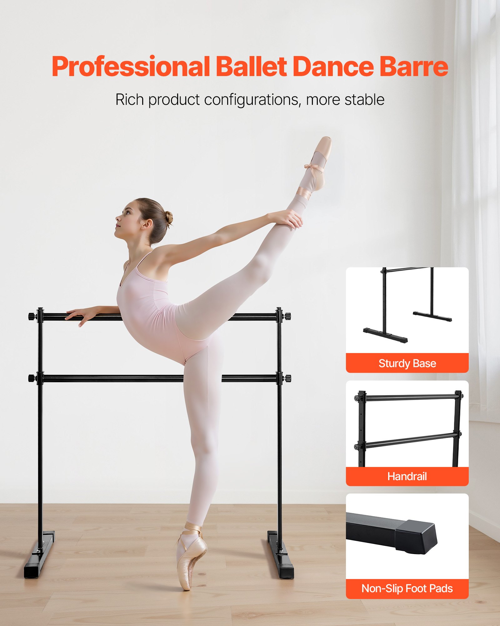 VEVOR Barra Doble de Ballet Independiente, 10 Niveles, Barra Elástica de Metal para Ejercicios de Entrenamiento de Equilibrio y Relajación, Portátil, 1315 x 678 x 1230 mm, Carga 159 kg, Negro