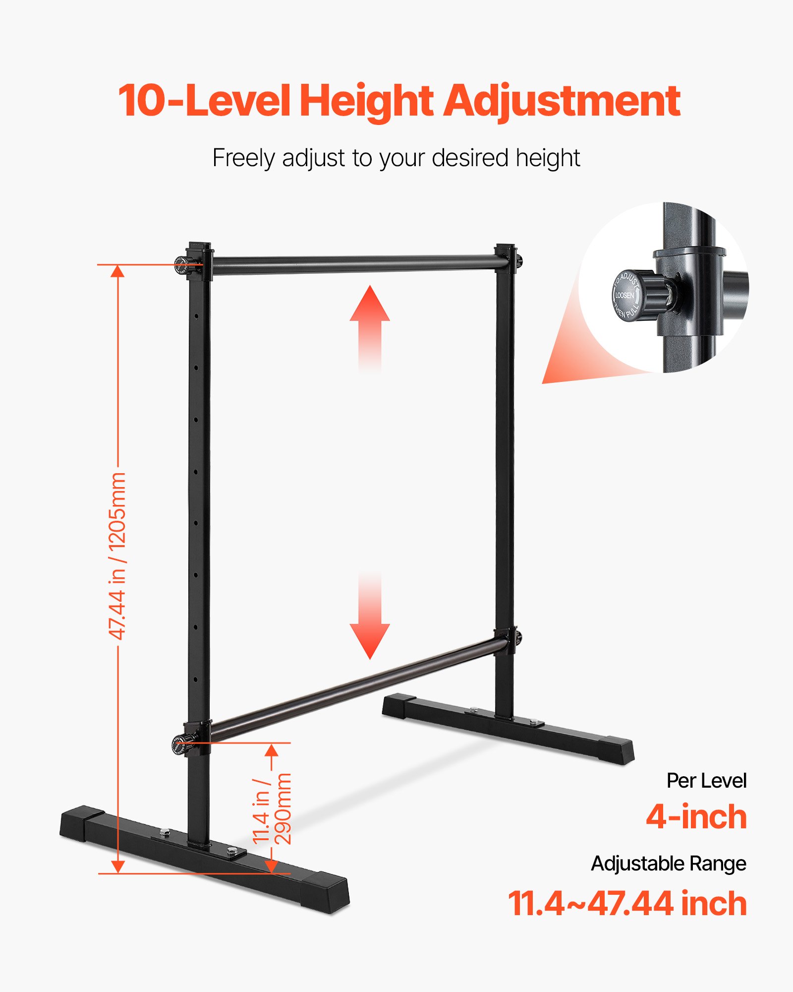 VEVOR Barra Doble de Ballet Independiente, 10 Niveles, Barra Elástica de Metal para Ejercicios de Entrenamiento de Equilibrio y Relajación, Portátil, 1315 x 678 x 1230 mm, Carga 159 kg, Negro