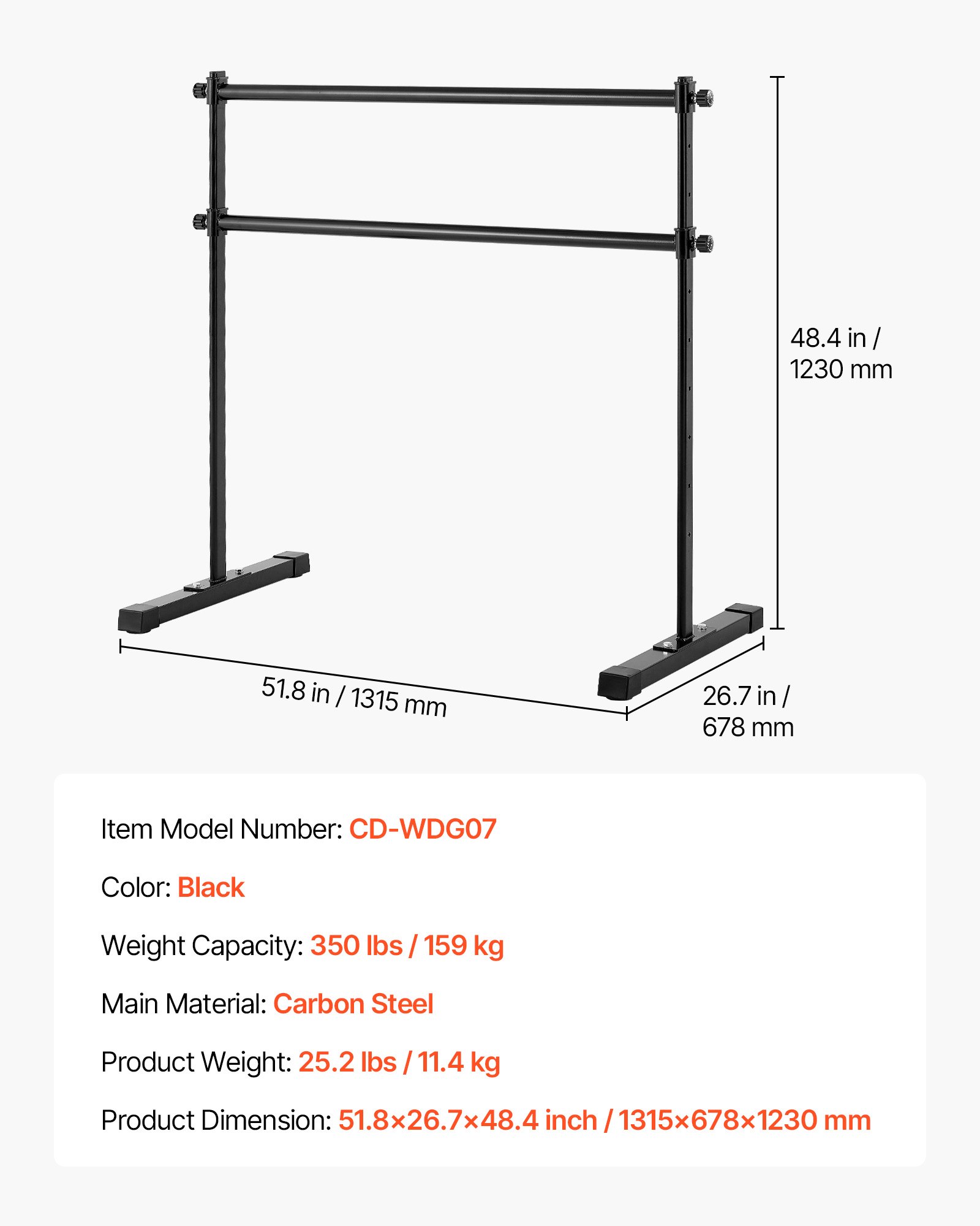 VEVOR Barra Doble de Ballet Independiente, 10 Niveles, Barra Elástica de Metal para Ejercicios de Entrenamiento de Equilibrio y Relajación, Portátil, 1315 x 678 x 1230 mm, Carga 159 kg, Negro