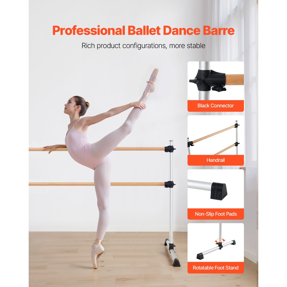 VEVOR Barra de Baile Independiente Doble, Altura Ajustable 170-1165 mm, Barra Elástica de Madera para Ejercicios de Ballet, Entrenamiento de Equilibrio y Relajación, 1840 x 760 x 1180 mm, Plata