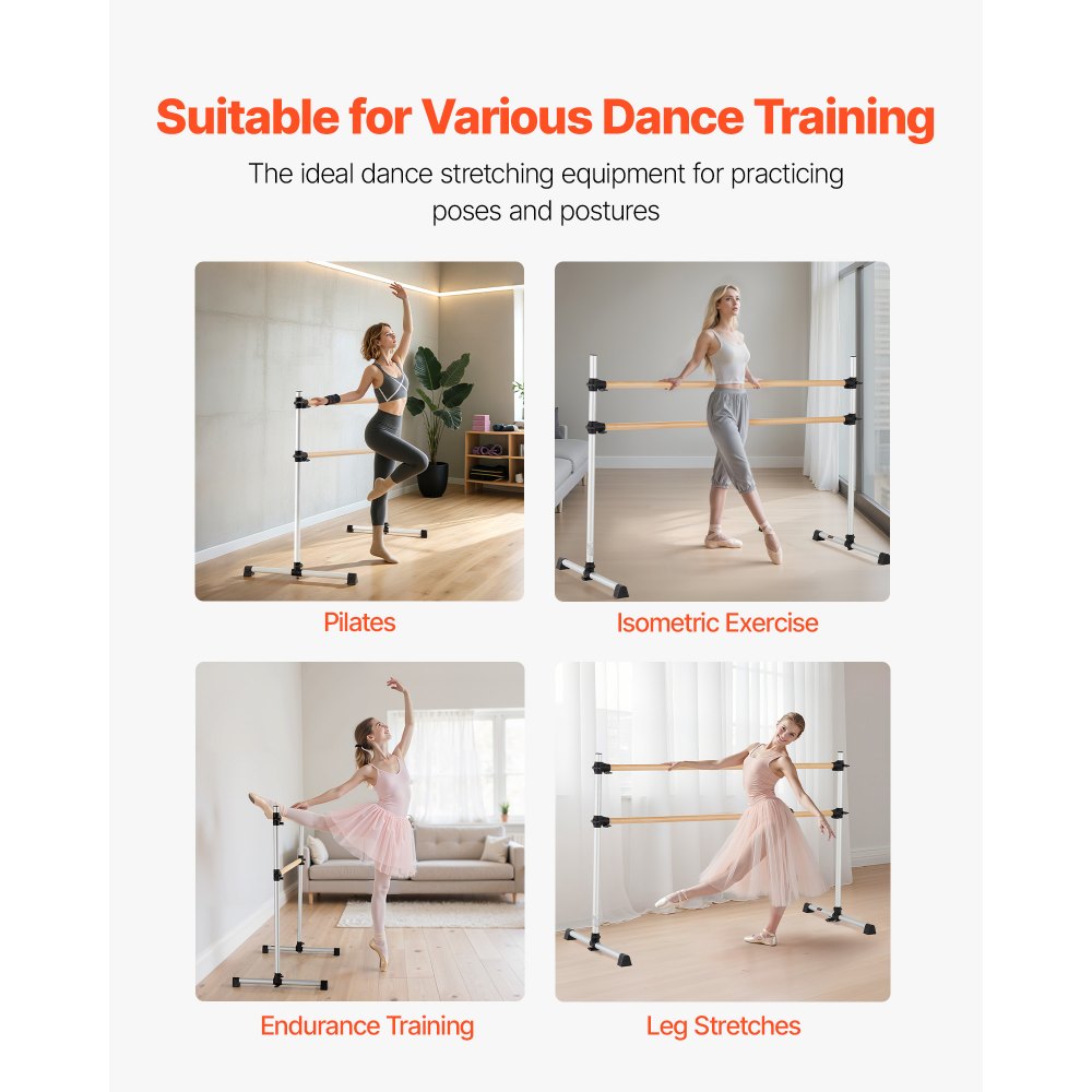 VEVOR Barra de Baile Independiente Doble, Altura Ajustable 170-1165 mm, Barra Elástica de Madera para Ejercicios de Ballet, Entrenamiento de Equilibrio y Relajación, 1840 x 760 x 1180 mm, Plata