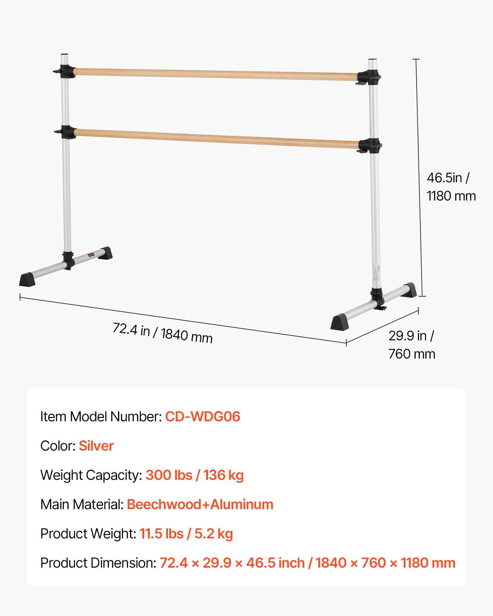 VEVOR Barra de Baile Independiente Doble, Altura Ajustable 170-1165 mm, Barra Elástica de Madera para Ejercicios de Ballet, Entrenamiento de Equilibrio y Relajación, 1840 x 760 x 1180 mm, Plata