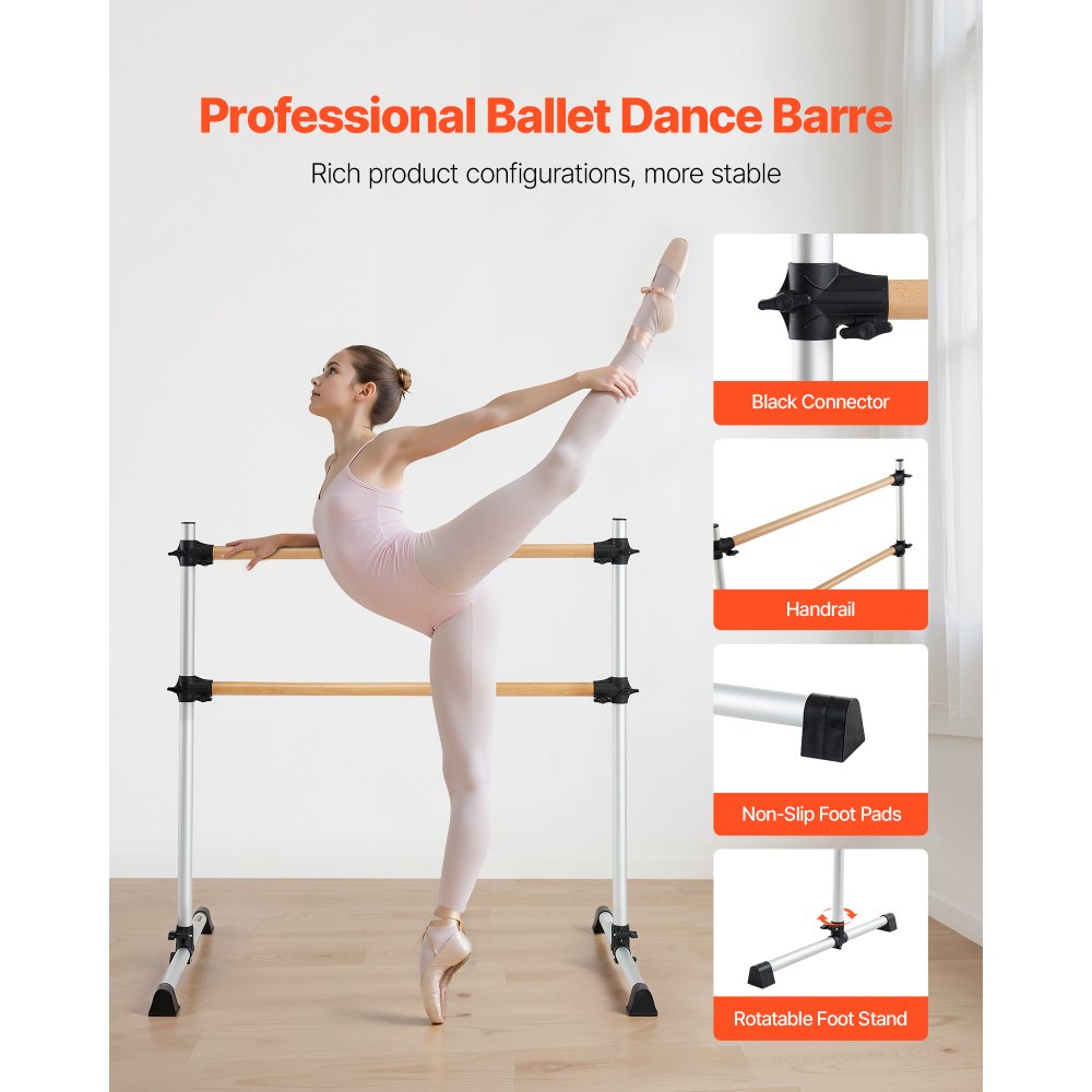 VEVOR Barra de Ballet Independiente Doble, Altura 170-1165 mm, Barra Elástica de Madera para Entrenamiento de Equilibrio, Ejercicios de Relajación y Gimnasio, 1260 x 760 x 1180 mm, Carga 136 kg