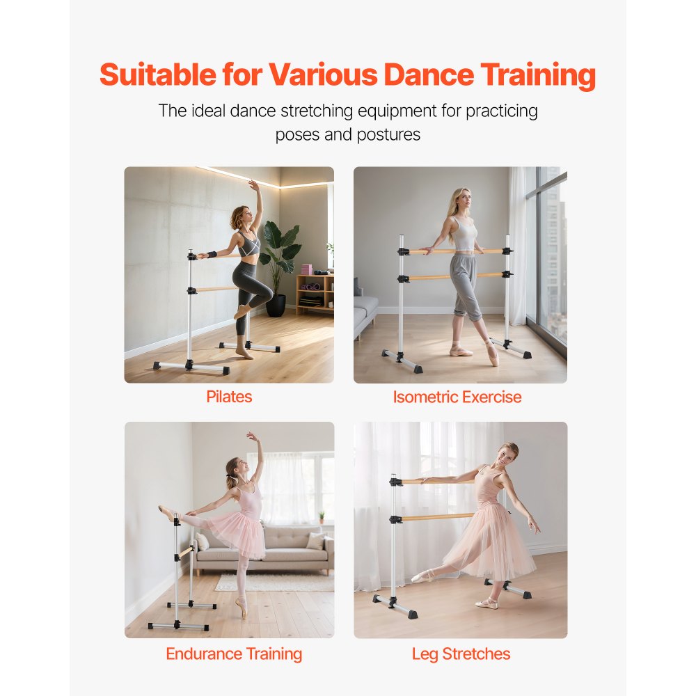 VEVOR Barra de Ballet Independiente Doble, Altura 170-1165 mm, Barra Elástica de Madera para Entrenamiento de Equilibrio, Ejercicios de Relajación y Gimnasio, 1260 x 760 x 1180 mm, Carga 136 kg